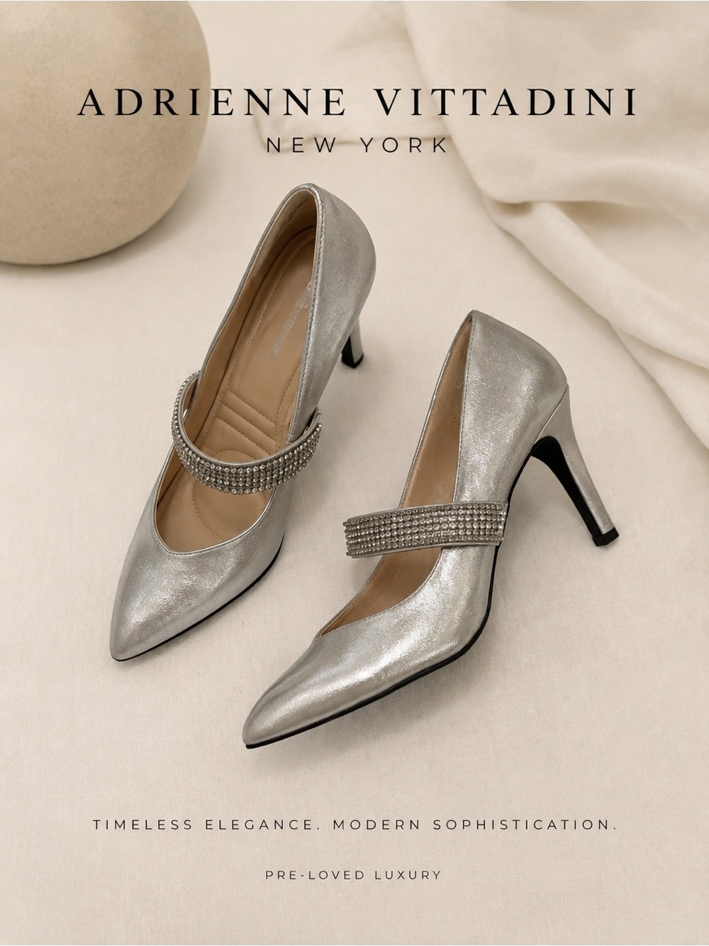 Adrienne Vittadini Silver Crystal-Strap Pointed Mary Jane Heels